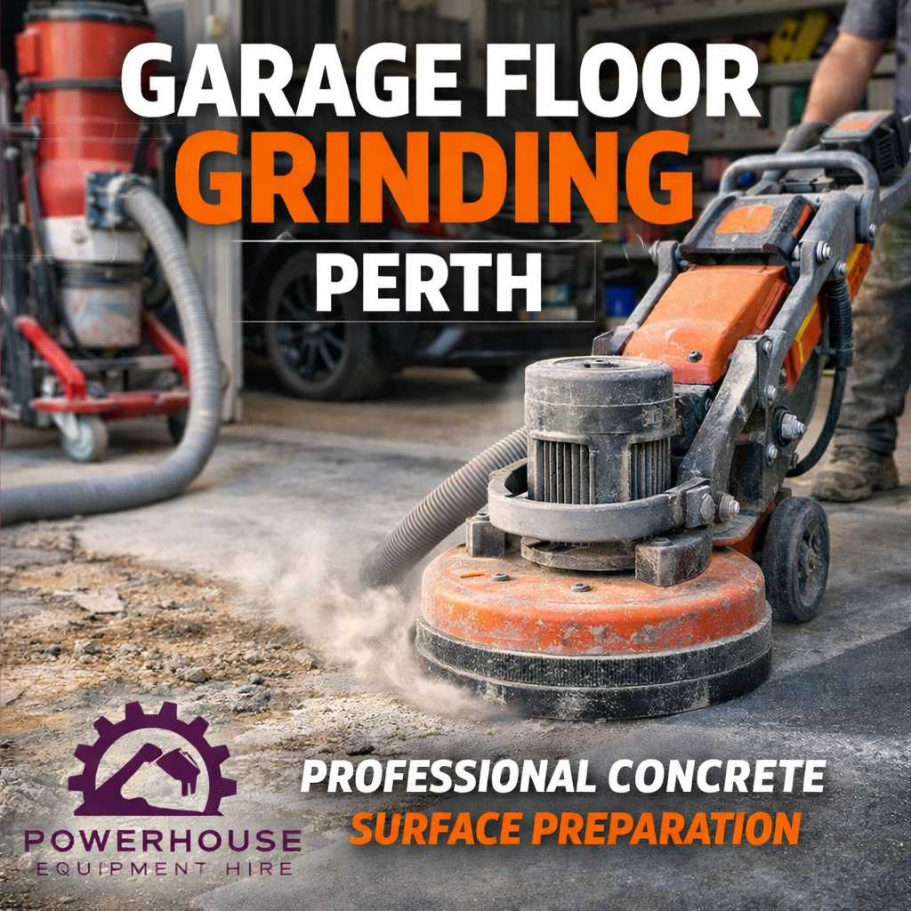 Garage floor grinding Perth with concrete grinder machine PowerHouse Equipment Hire